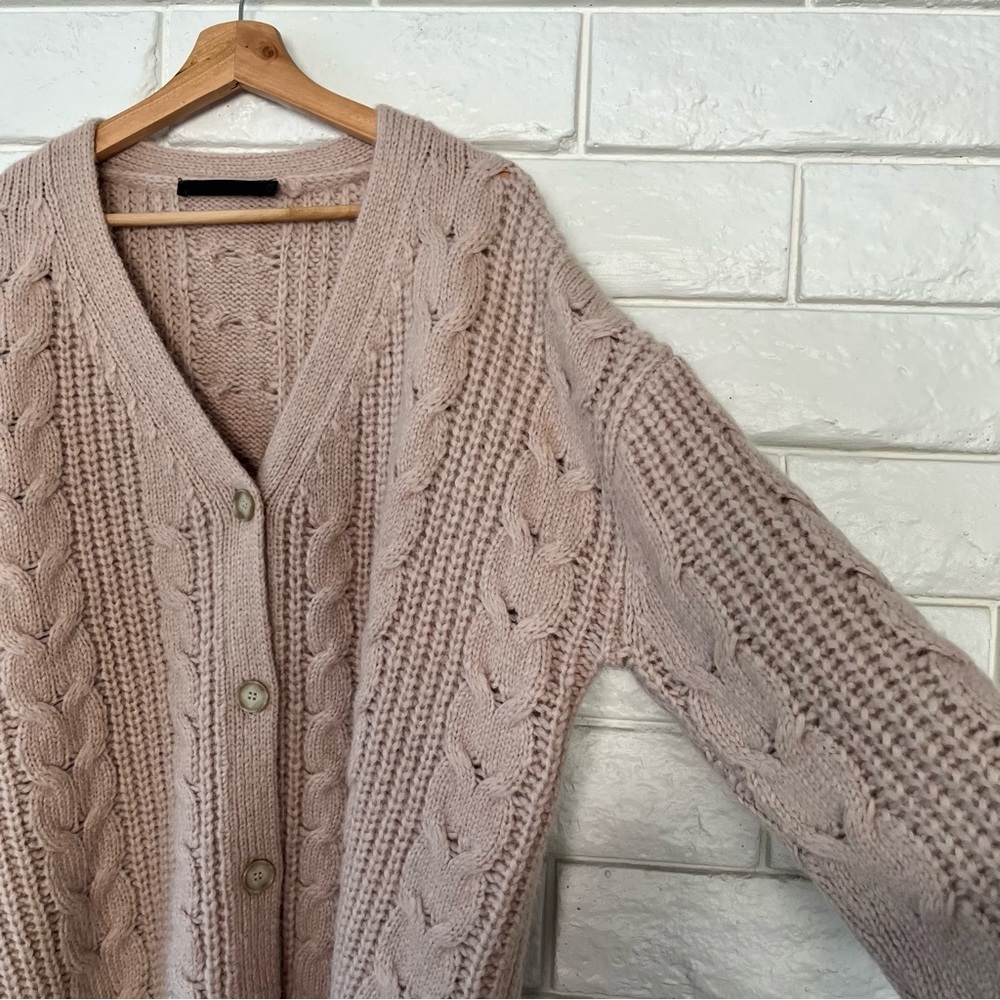 Jenni Kayne Cable Knit Cocoon Cardigan Alpaca Wool Cashmere Tan Oversized XXS - Picture 6 of 8